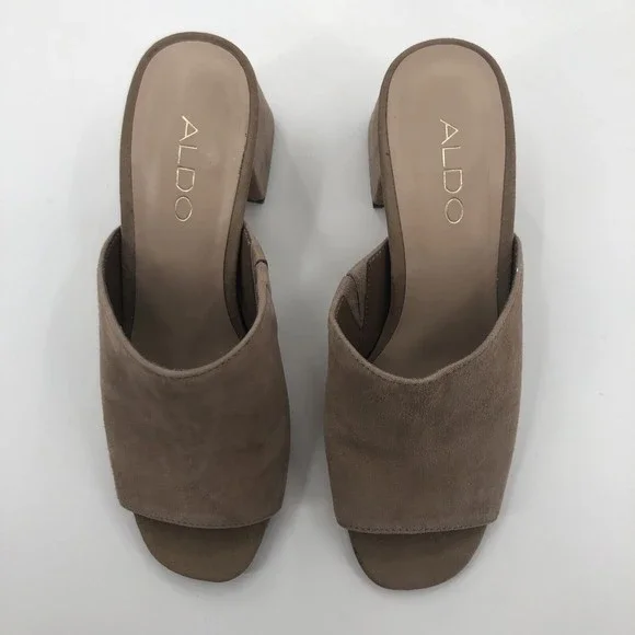 Aldo Womens Mules Slides Sandals Shoes Sz 6 Tan Suede Chunky Heel 2.5" Open Toe - Picture 6 of 13